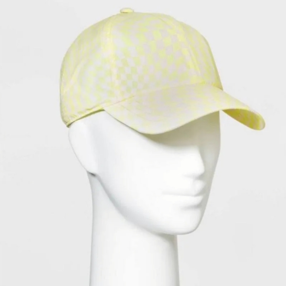 Warped yellow check print baseball hat